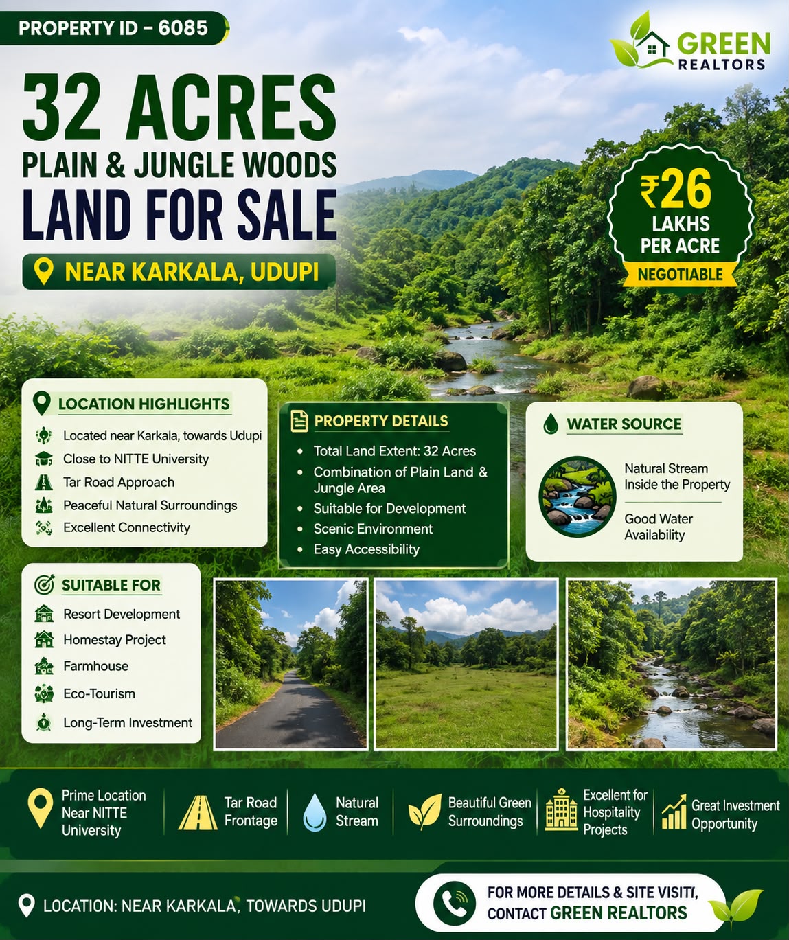 🆔 *PROPERTY ID –6085* 🌿🏞️ *32 Acres Plain & Jungle woods Land for Sale – Near Karkala, Udupi*
